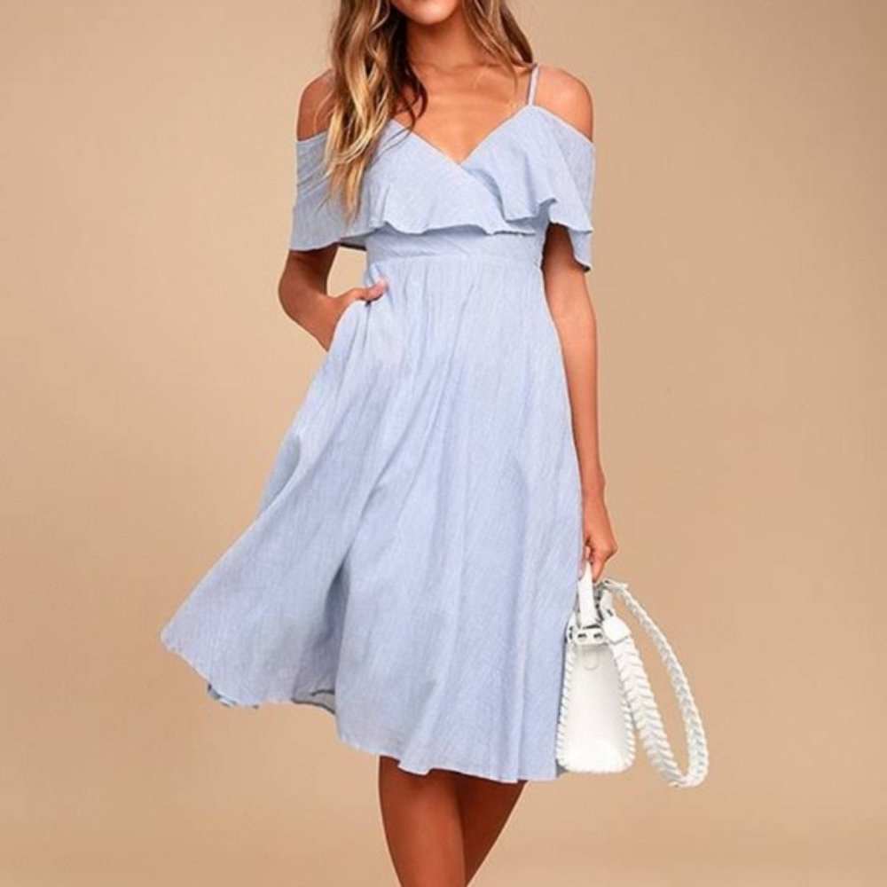 Lulus Yacht Rock Striped Off-Shoulder Midi Dress
